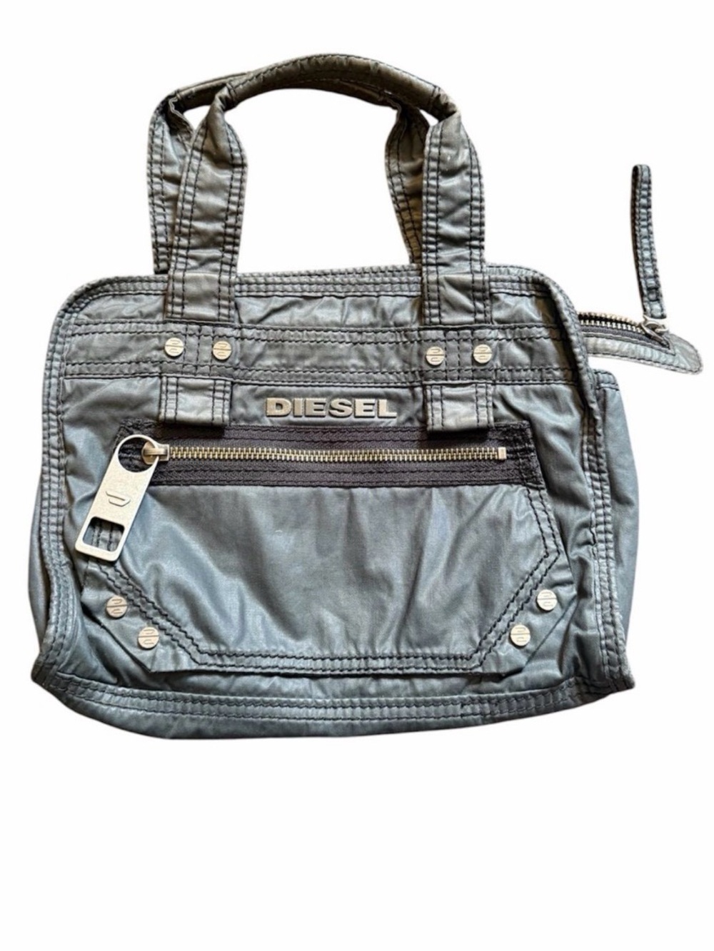 Rare Vintage Diesel Y2K Black Nylon Mini Tote w Front Zip Pocket & Metal Logo